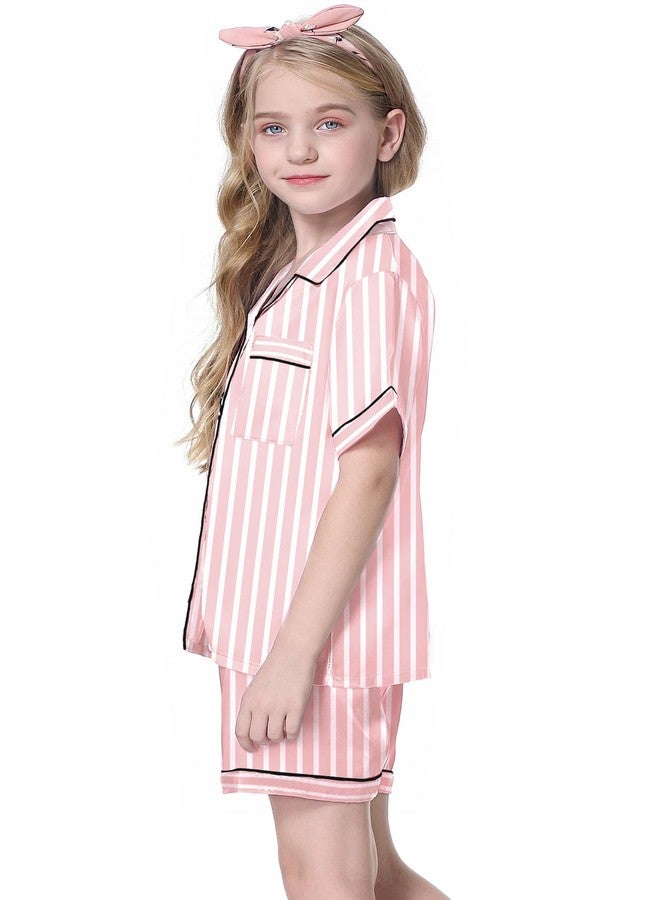 Schbbbta Silk Pajama Set for Girl Satin Button-up Pajama Sleepwear Gifts for Kids, Pink Stripe, 9-10 Years - Image 3